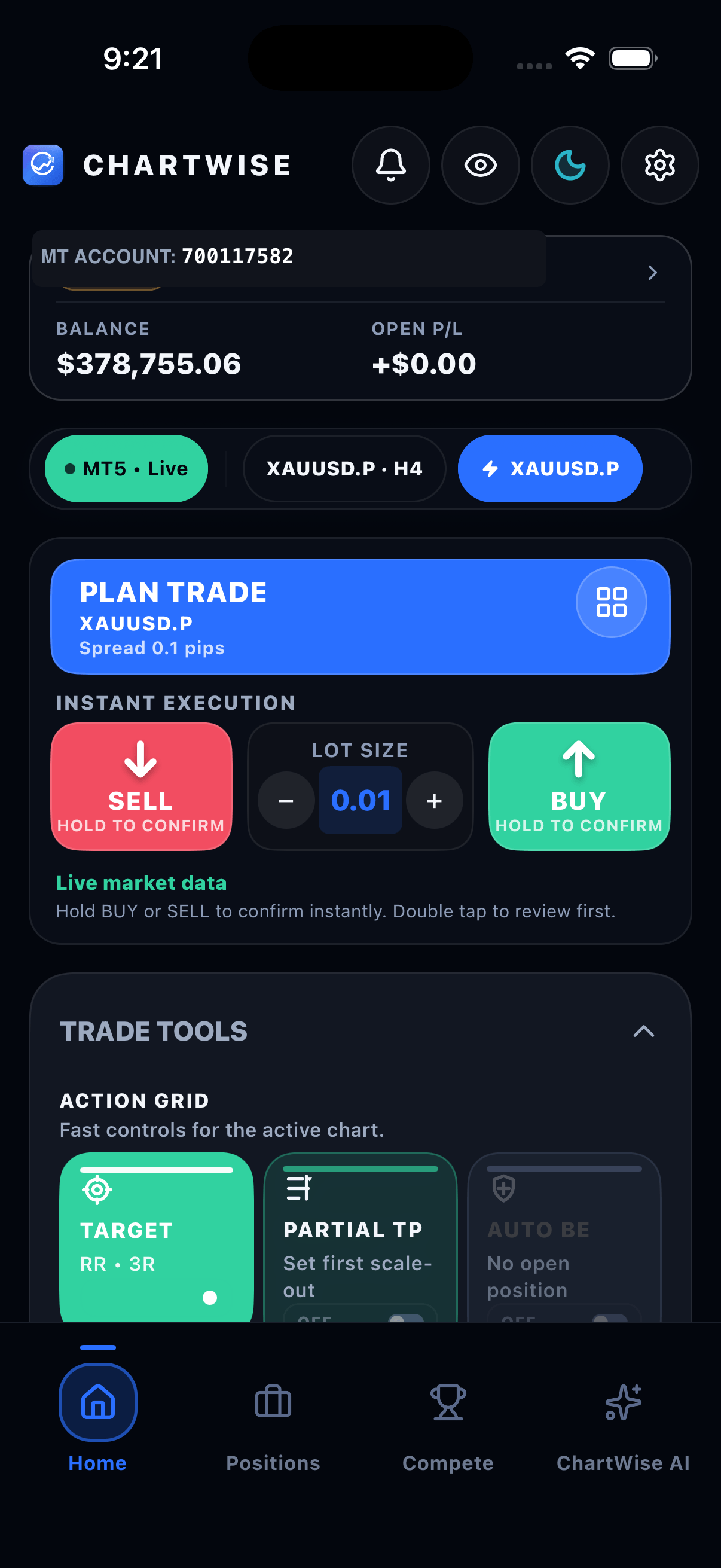 ChartWise Mobile home with Plan Trade execution and account balance — Dark Mode